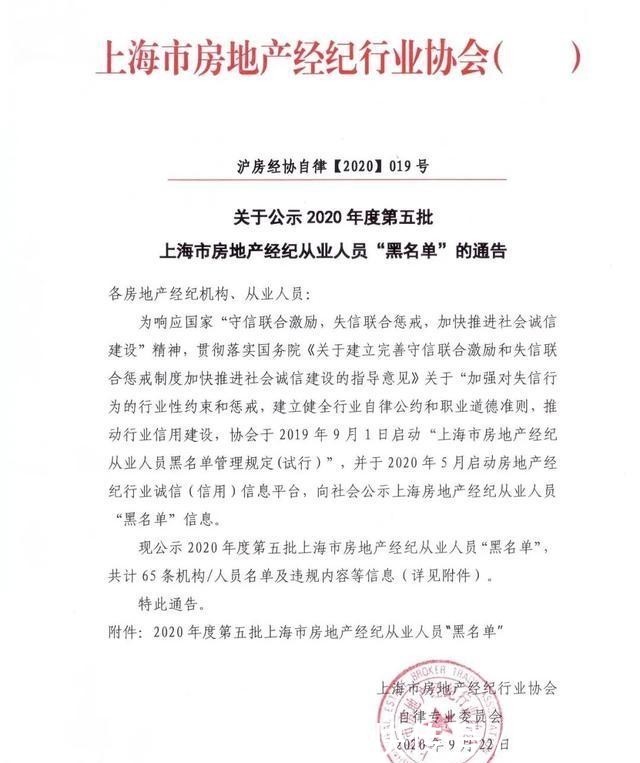 涉私自收取好处、挪用资金等,上海65名房产经纪被禁业5年